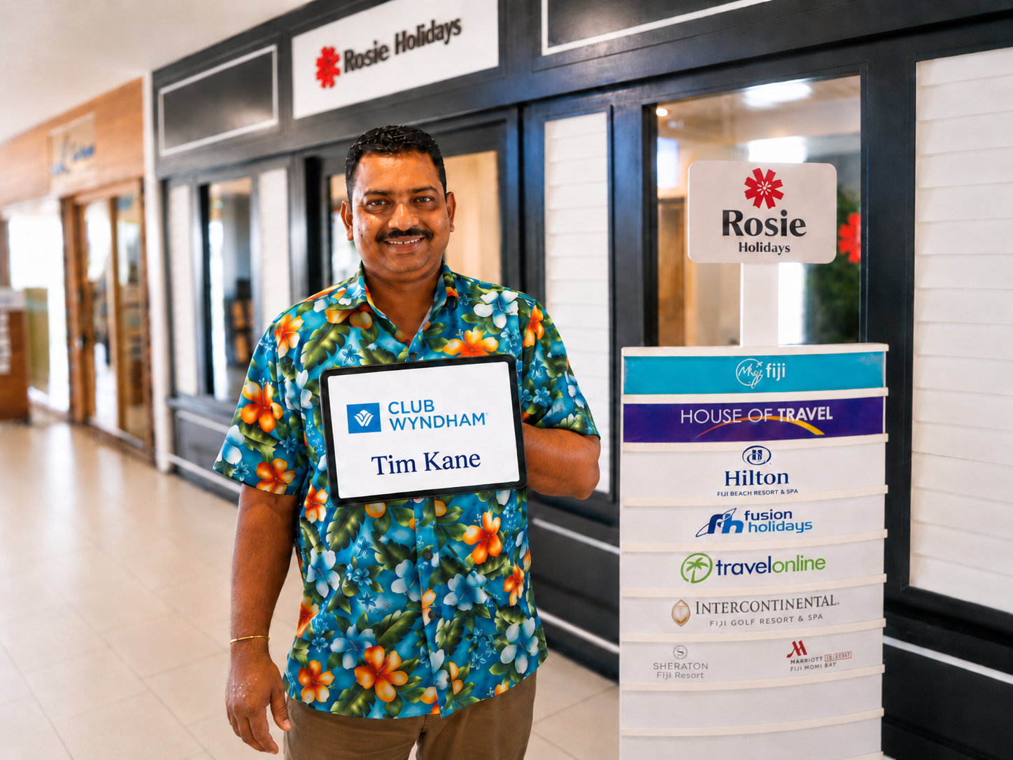 Rosie Holidays driver concierge with Wyndham welcome sign at Nadi Airport